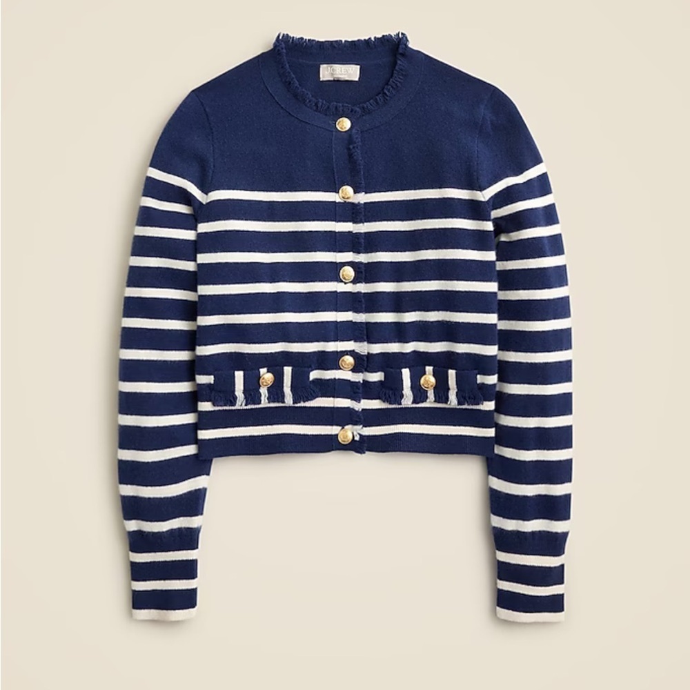J. Crew Cashmere Blue White Striped fringe-trim sweater lady jacket Size Large - Picture 2 of 7